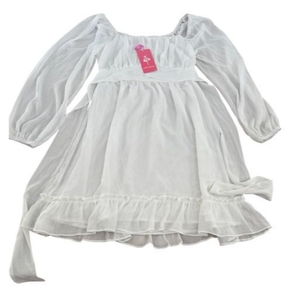White Medium Puff Long Sleeve Ruffle Dress Tie Waist Belt Boho Lined Fashion D35